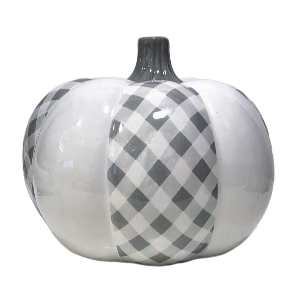 Robert Stanley Fall Buffalo Cottage Collection Gray Plaid Ceramic 9" Pumpkin